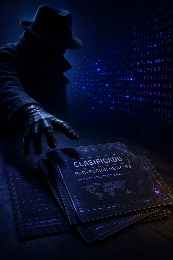 Silueta de hacker con sombrero y guantes sobre documentos digitales