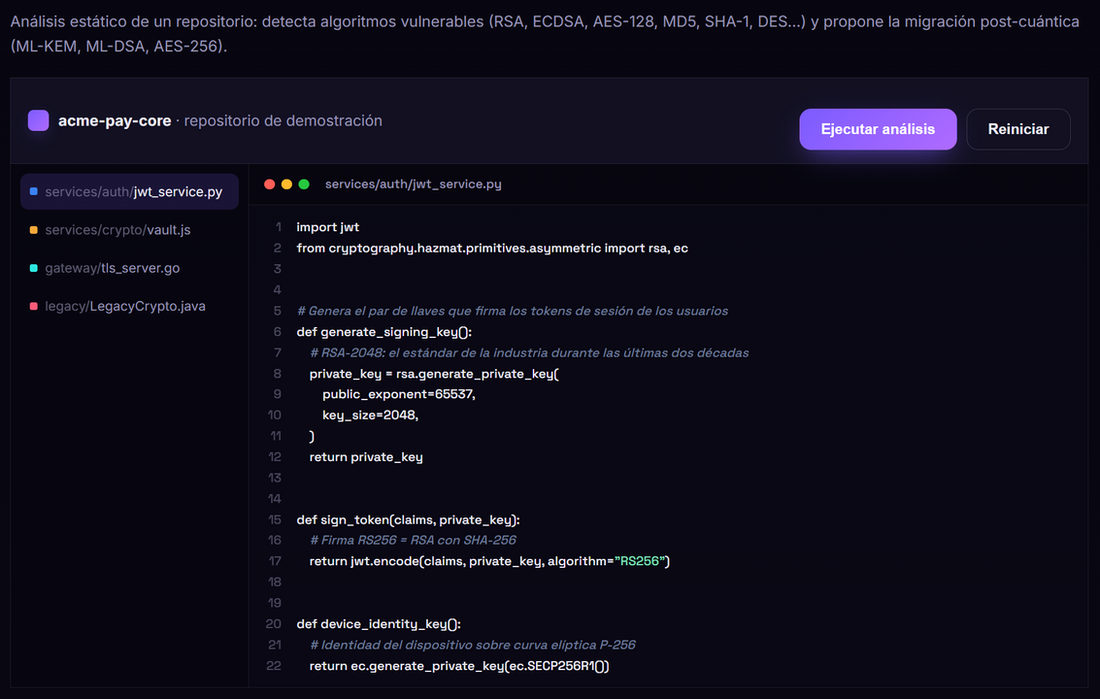 Pantalla oscura de análisis de repositorio con código y botones Ejecutar análisis y Reiniciar.